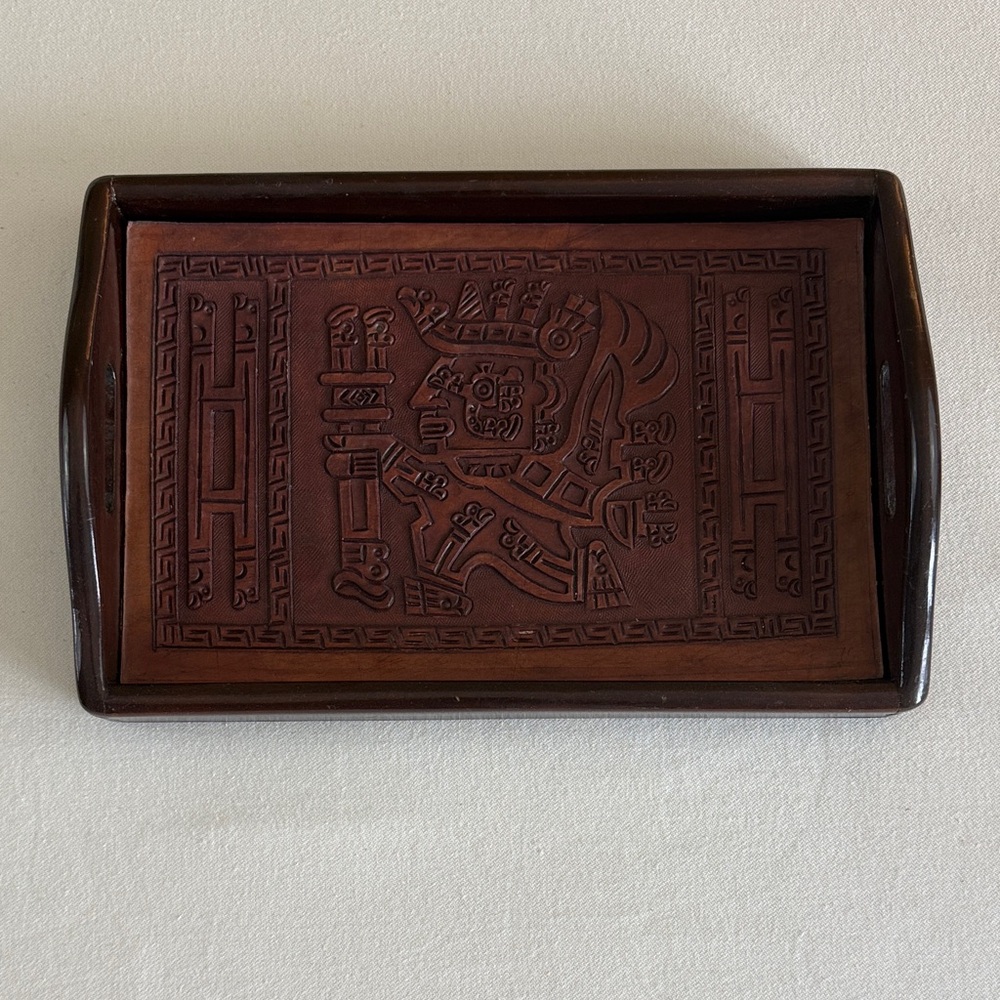 Wooden Serving Tray with Tooled Leather Aztec Motif